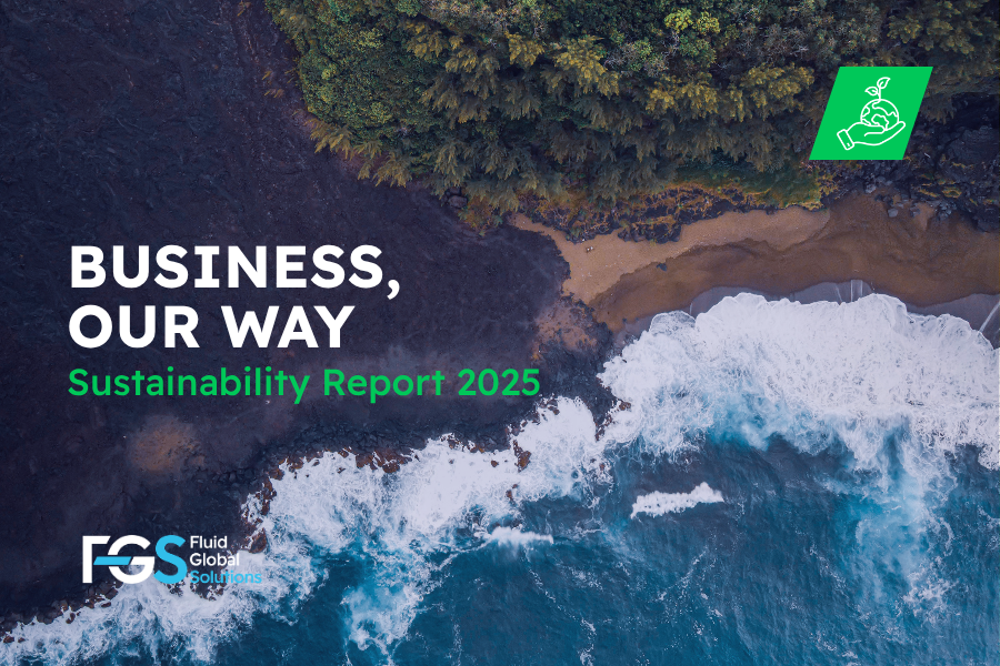 Sandy shoreline lapped by the sea with forest in the background, cover image for FGS's 2025 Sustainability Report