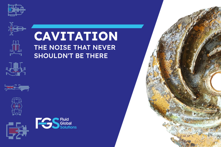 FGS BLOG POST: cavitation Cover image for the article 'Cavitation, the Noise That Should Never Exist': on the right, a close-up of a centrifugal pump impeller heavily corroded and damaged by cavitation, showing visible erosion and oxidation on the metal surface. On the left, a blue background with technical icons of hydraulic components and the FGS Fluid Global Solutions logo.